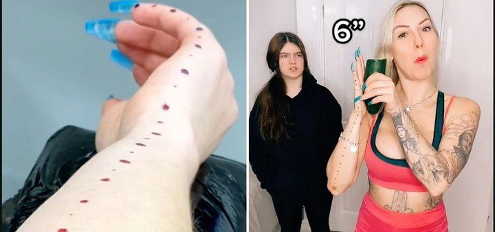  Hermosa y joven mujer se tatuó una regla en el brazo para medir el tamaño del pene