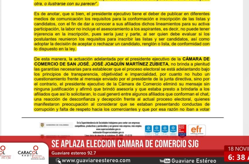  Súper Intendencia de sociedades ordenó postergar elecciones a junta Directiva de la Cámara de Comercio en Guaviare