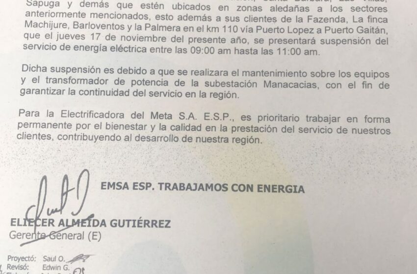  Por trabajos de mantenimiento y maniobras a la red eléctrica se presentarán interrupciones en el servicio a usuarios de Puerto Gaitán