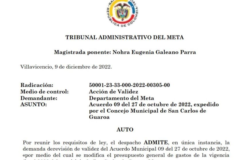  Demandan acuerdo municipal por medio del cual modifican presupuesto general de gastos en San Carlos de Guaroa